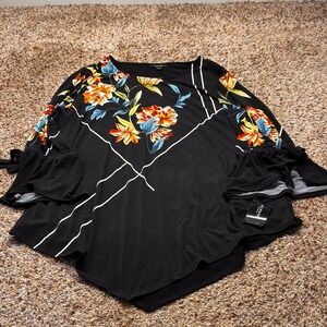 Alfani Woman 2X Black Floral Sharkbite Tunic Bell Sleeve Modern Spice NWT